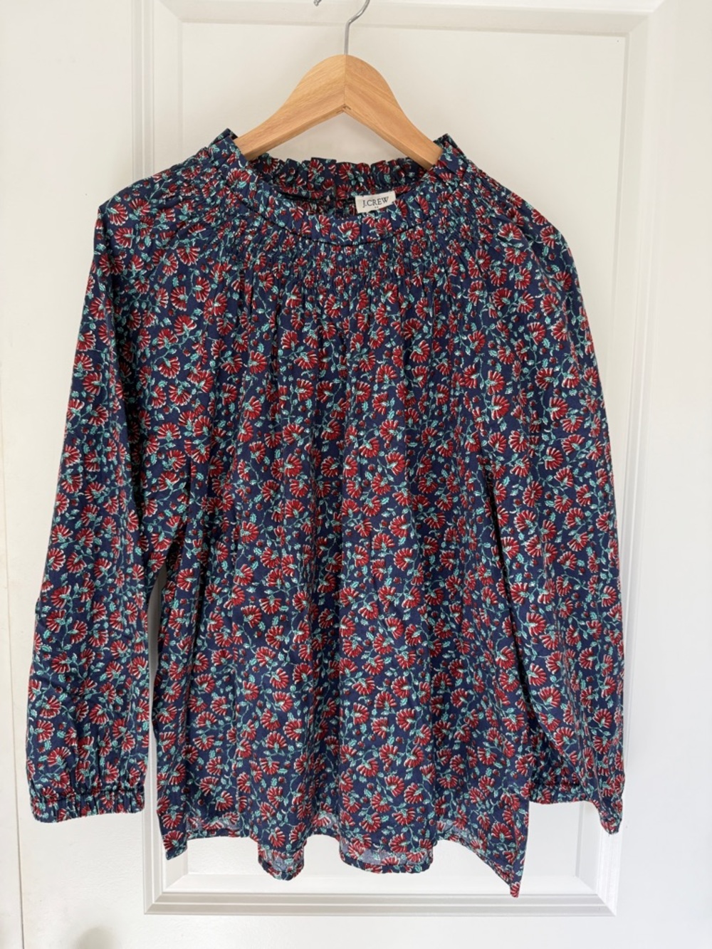 J.Crew 2X NWT Floral Smocked Neck Blouse Cottagecore Balloon Sleeve Blue Red